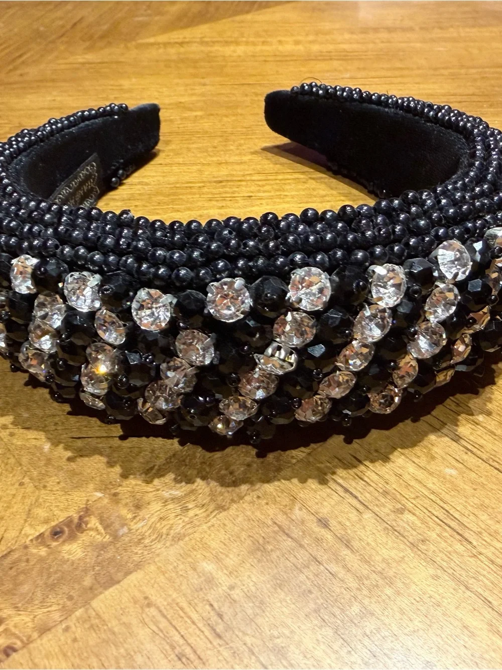 Handmade Black Beaded Headband with Clear Crystal Accents